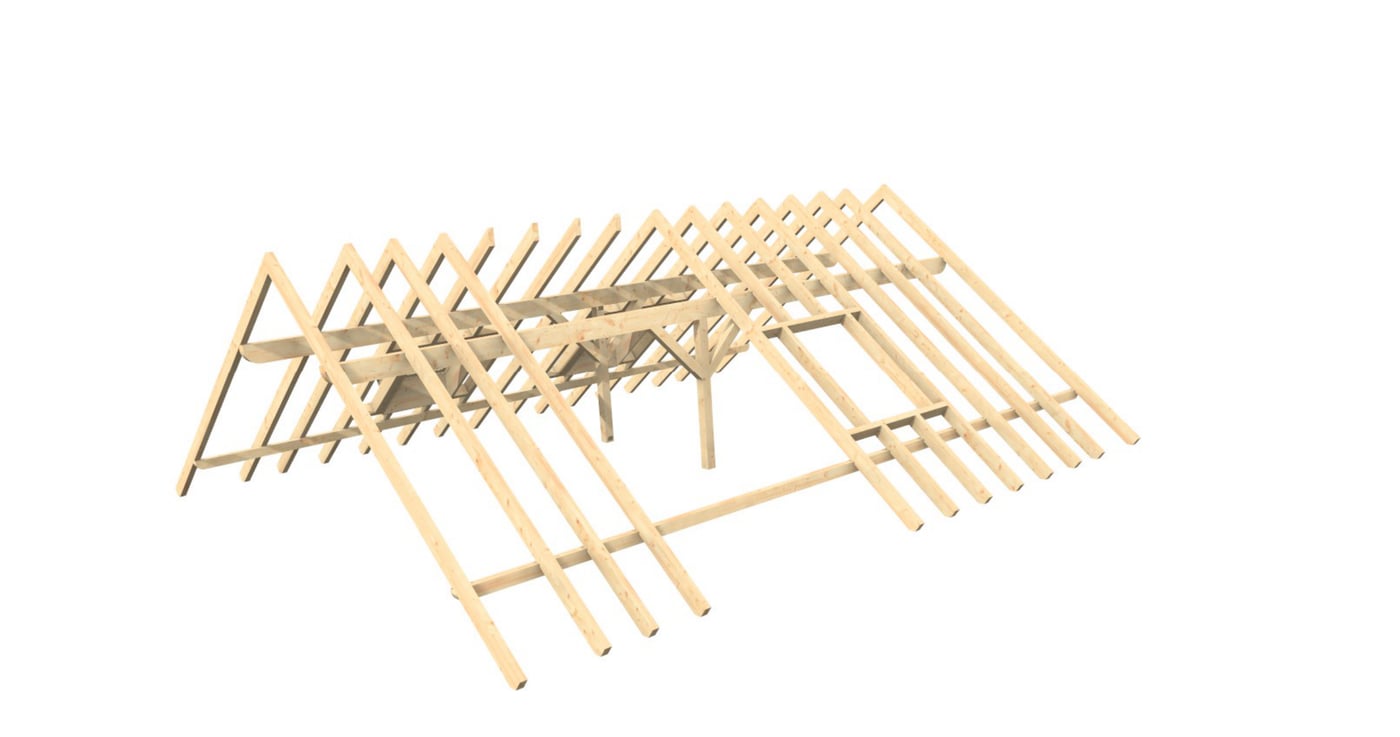 3D-Werkplanung eines Sparrendachs mit Pfetten und Pfosten aus unserem Meisterprüfungsprojekt