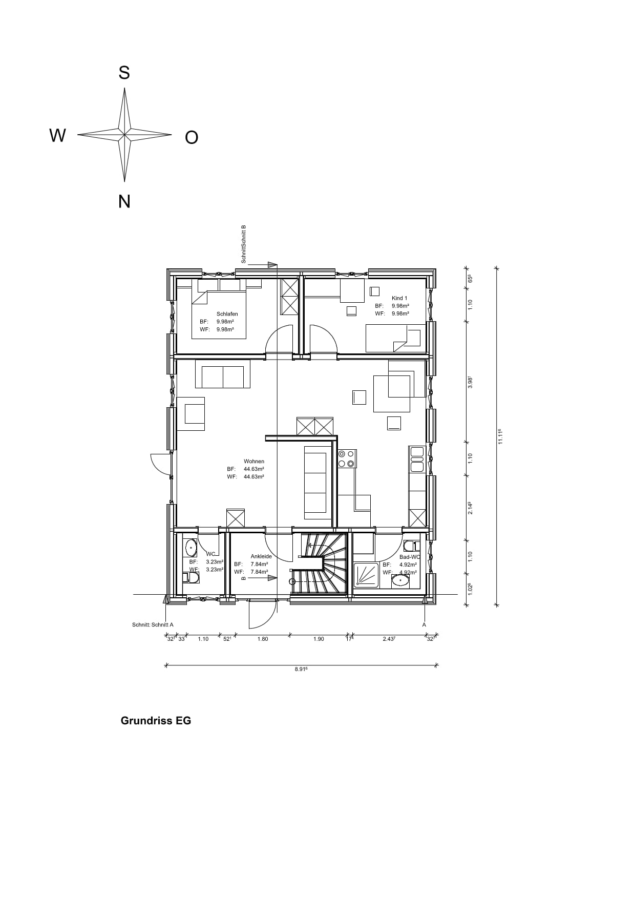 Grundriss Erdgeschoss mit Raumaufteilung, Flächen und Maßen
