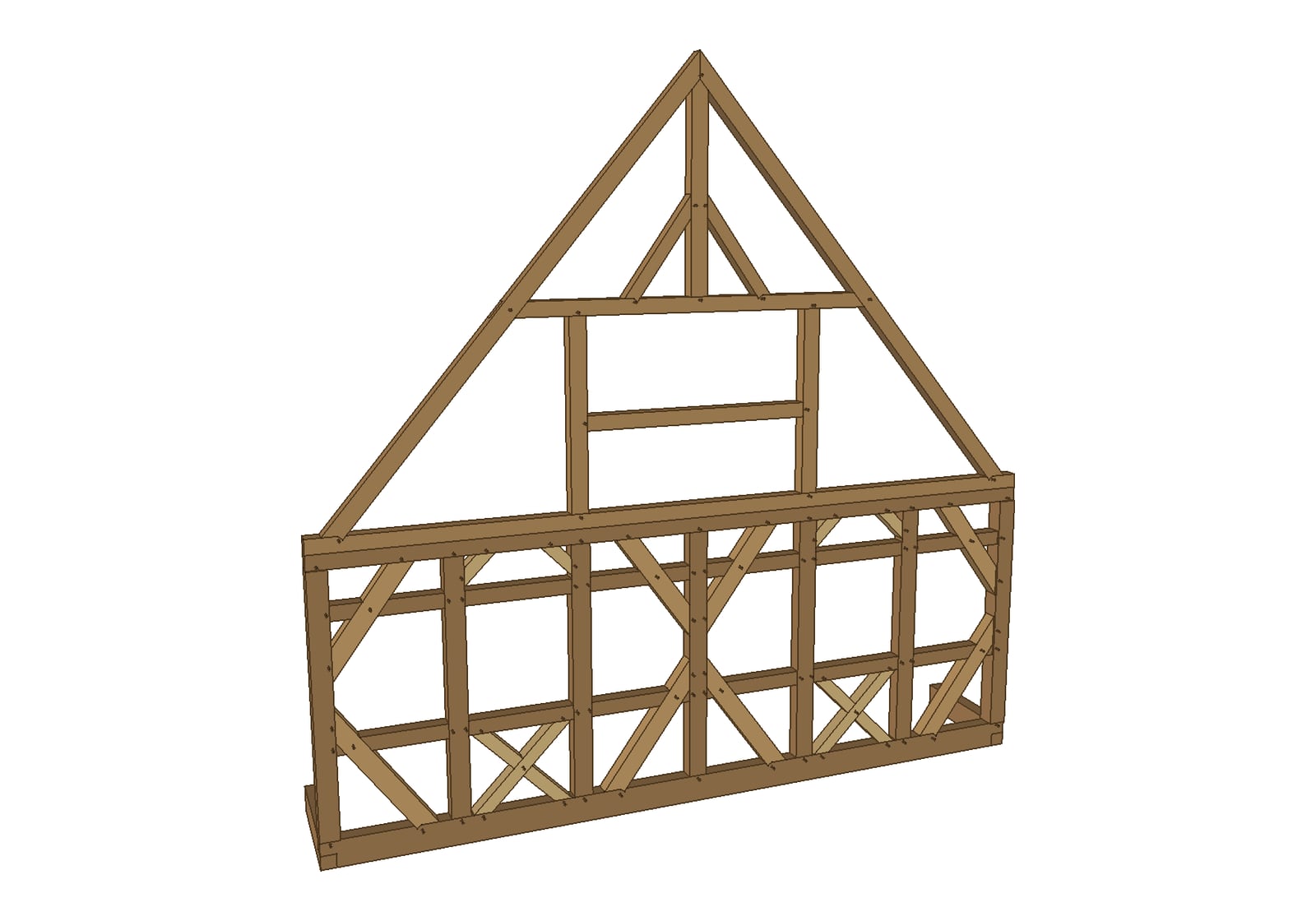 3D-Modell der Giebelwand: Erdgeschosswand mit Ständern, Riegeln, Streben und zwei Andreaskreuzen, darüber das Giebeldreieck mit Kehlbalken und Firstsäule