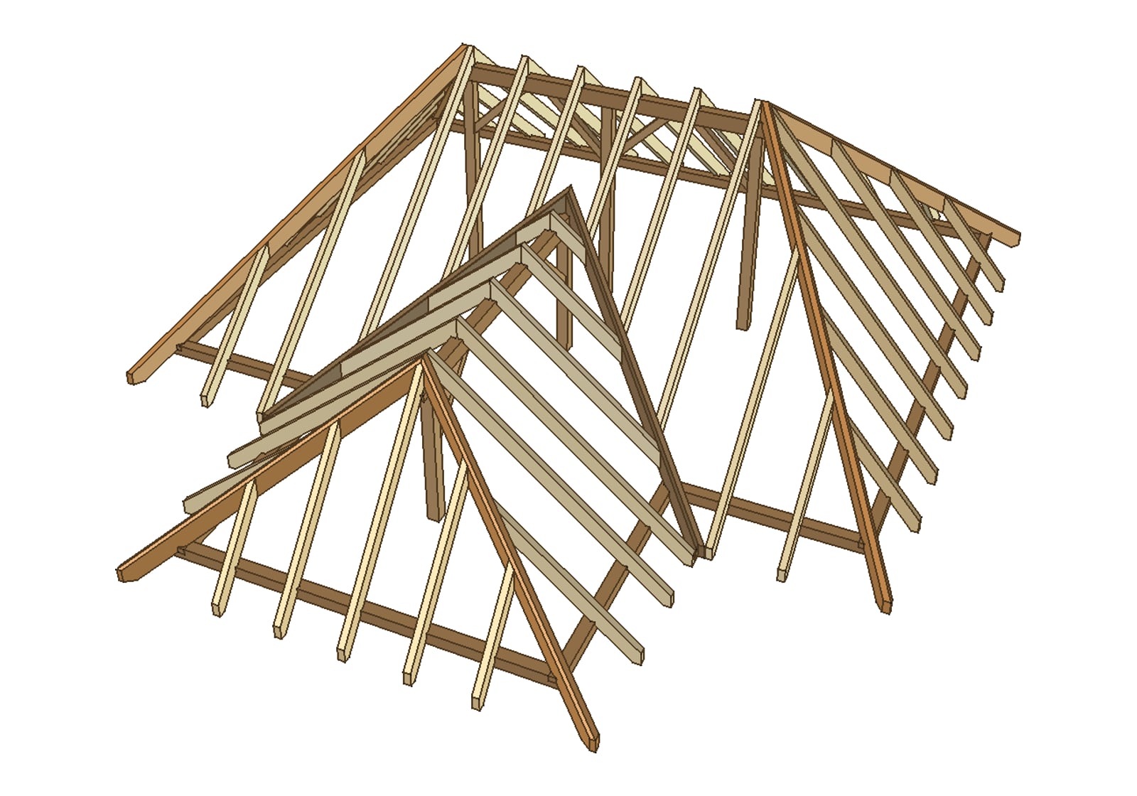 3D-Modell des Walmdachs mit Anbau: Hauptdach mit zwei Walmen, davor der Anbau mit eigenem Walm, Grat- und Kehlsparren, Sparren und Schifter auf dem Kranz der Fußpfetten